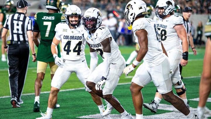 CU football athlete Travis Hunter (middle) hits the Griddy after scoring a touchdown against CSU in the Rocky Mountain Showdown at Canvas Stadium on Saturday, Sept. 14, 2024, in Fort Collins, Colo.