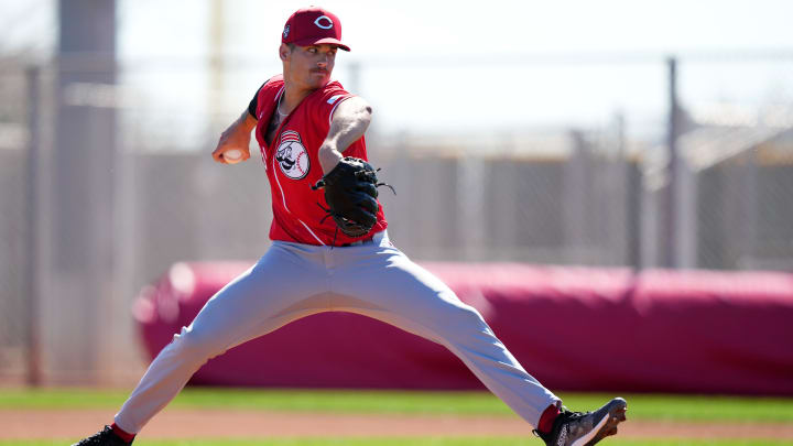 Cincinnati Reds pitcher Chase Petty throws live batting practice during spring training workouts, Thursday, Feb. 22, 2024, at the team   s spring training facility in Goodyear, Ariz.
