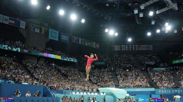 Aug 3, 2024; Paris, France; Simone Biles of the United States competes on the vault on the first day of gymnastics event finals during the Paris 2024 Olympic Summer Games at Bercy Arena. Mandatory Credit: Kyle Terada-USA TODAY Sports