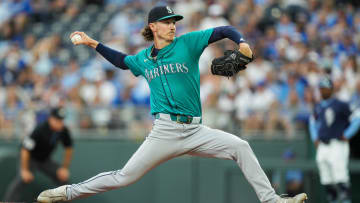 Jun 7, 2024; Kansas City, Missouri, USA; Seattle Mariners starting pitcher Bryce Miller (50) pitches during the first inning against the Kansas City Royals at Kauffman Stadium. Mandatory Credit: Jay Biggerstaff-USA TODAY Sports