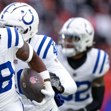 Indianapolis Colts safety Ronnie Harrison Jr. (48) returns an interception for a touchdown in the second quarter during a Week 14 NFL game between the Indianapolis Colts and the Cincinnati Bengals, Sunday, Dec. 10, 2023, at Paycor Stadium in Cincinnati.