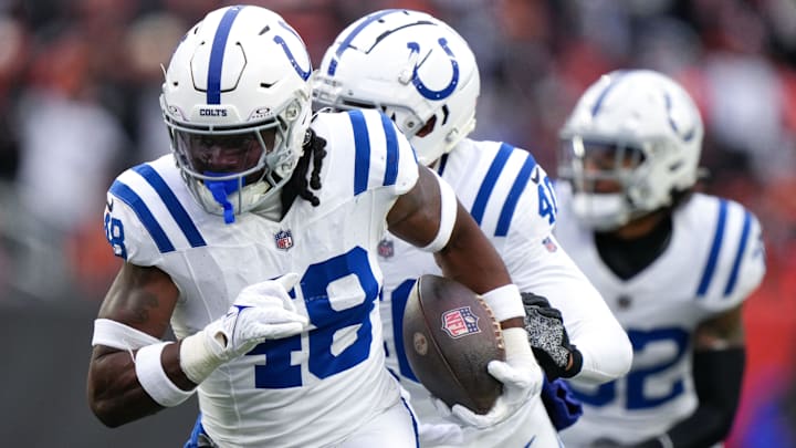 Indianapolis Colts safety Ronnie Harrison Jr. (48) returns an interception for a touchdown in the second quarter during a Week 14 NFL game between the Indianapolis Colts and the Cincinnati Bengals, Sunday, Dec. 10, 2023, at Paycor Stadium in Cincinnati.