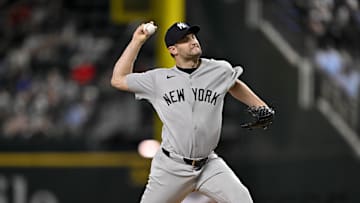 Arlington, Texas, USA; New York Yankees relief pitcher Jake Bird (59) pitches against the Texas Rangers during the tenth inning at Globe Life Field.