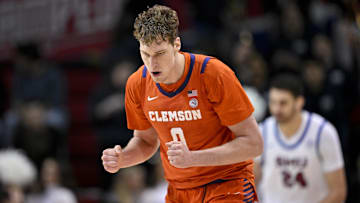 Feb 22, 2025; Dallas, Texas, USA; Clemson Tigers center Viktor Lakhin (0) in action during the game between the SMU Mustangs and the Clemson Tigers at Moody Coliseum. Mandatory Credit: Jerome Miron-Imagn Images