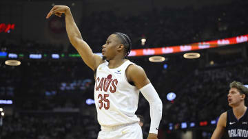 Apr 22, 2024; Cleveland, Ohio, USA; Cleveland Cavaliers forward Isaac Okoro (35) follows through on a three-point basket attempt in the second quarter against the Orlando Magic during game two of the first round of the 2024 NBA playoffs at Rocket Mortgage FieldHouse. Mandatory Credit: David Richard-USA TODAY Sports