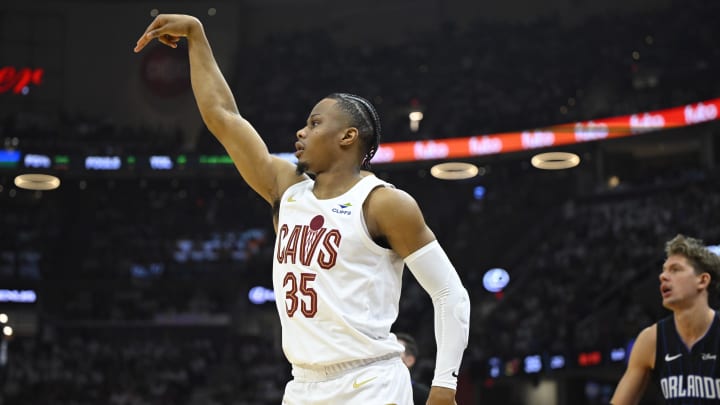 Apr 22, 2024; Cleveland, Ohio, USA; Cleveland Cavaliers forward Isaac Okoro (35) follows through on a three-point basket attempt in the second quarter against the Orlando Magic during game two of the first round of the 2024 NBA playoffs at Rocket Mortgage FieldHouse. Mandatory Credit: David Richard-USA TODAY Sports