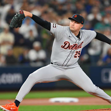 Oct 10, 2025; Seattle, Washington, USA; Detroit Tigers starting pitcher Tarik Skubal (29) throws against the Seattle Mariners during the first inning during game five of the ALDS round for the 2025 MLB playoffs at T-Mobile Park. Mandatory Credit: Steven Bisig-Imagn Images