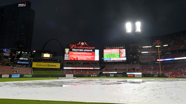 Jun 25, 2024; St. Louis, Missouri, USA;  A general view of Busch Stadium after tonights game between the St. Louis Cardinals and the Atlanta Braves was postponed and will be made up tomorrow as part of a doubleheader. Mandatory Credit: Jeff Curry-USA TODAY Sports