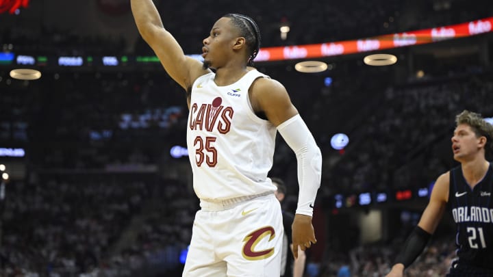 Apr 22, 2024; Cleveland, Ohio, USA; Cleveland Cavaliers forward Isaac Okoro (35) follows through on a three-point basket attempt in the second quarter against the Orlando Magic during game two of the first round of the 2024 NBA playoffs at Rocket Mortgage FieldHouse. Mandatory Credit: David Richard-USA TODAY Sports