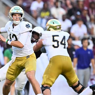 Aug 31, 2024; College Station, Texas, USA; Notre Dame Fighting Irish quarterback Riley Leonard (13) attempts to pass the ball during the first quarter against the Texas A&M Aggies at Kyle Field. Mandatory Credit: Maria Lysaker-Imagn Images