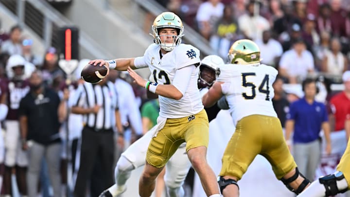 Aug 31, 2024; College Station, Texas, USA; Notre Dame Fighting Irish quarterback Riley Leonard (13) attempts to pass the ball during the first quarter against the Texas A&M Aggies at Kyle Field. Mandatory Credit: Maria Lysaker-Imagn Images