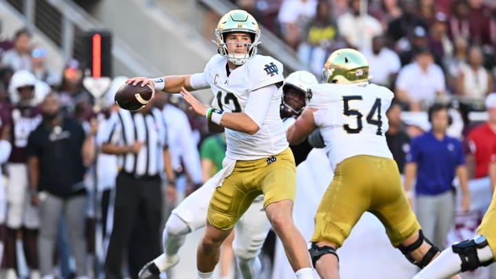 Aug 31, 2024; College Station, Texas, USA; Notre Dame Fighting Irish quarterback Riley Leonard (13) attempts to pass the ball during the first quarter against the Texas A&M Aggies at Kyle Field. Mandatory Credit: Maria Lysaker-USA TODAY Sports