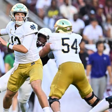 Aug 31, 2024; College Station, Texas, USA; Notre Dame Fighting Irish quarterback Riley Leonard (13) attempts to pass the ball during the first quarter against the Texas A&M Aggies at Kyle Field.