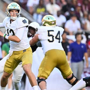 Aug 31, 2024; College Station, Texas, USA; Notre Dame Fighting Irish quarterback Riley Leonard (13) attempts to pass the ball during the first quarter against the Texas A&M Aggies at Kyle Field.