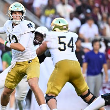 Aug 31, 2024; College Station, Texas, USA; Notre Dame Fighting Irish quarterback Riley Leonard (13) attempts to pass the ball during the first quarter against the Texas A&M Aggies at Kyle Field. 