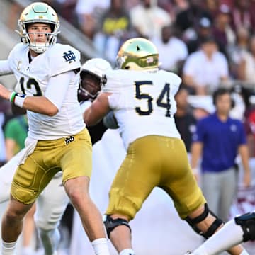 Aug 31, 2024; College Station, Texas, USA; Notre Dame Fighting Irish quarterback Riley Leonard (13) attempts to pass the ball during the first quarter against the Texas A&M Aggies at Kyle Field. 