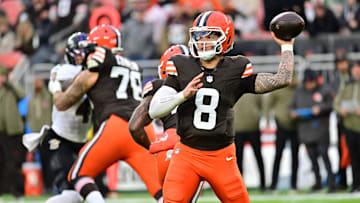 Nov 16, 2025; Cleveland, Ohio, USA; Cleveland Browns quarterback Dillon Gabriel (8) throws downfield during the first quarter against the Baltimore Ravens at Huntington Bank Field. Mandatory Credit: Ken Blaze-Imagn Images