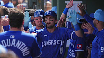 Mar 8, 2024; Surprise, Arizona, USA; Kansas City Royals second baseman Michael Massey (19) slaps