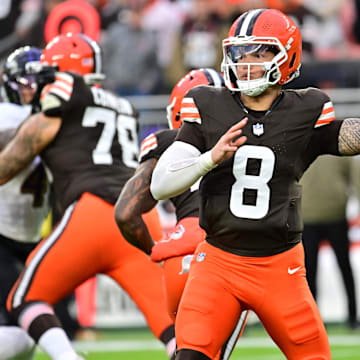 Nov 16, 2025; Cleveland, Ohio, USA; Cleveland Browns quarterback Dillon Gabriel (8) throws downfield during the first quarter against the Baltimore Ravens at Huntington Bank Field. Mandatory Credit: Ken Blaze-Imagn Images