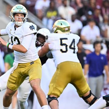 Aug 31, 2024; College Station, Texas, USA; Notre Dame Fighting Irish quarterback Riley Leonard (13) attempts to pass the ball during the first quarter against the Texas A&M Aggies at Kyle Field. Mandatory Credit: Maria Lysaker-Imagn Images