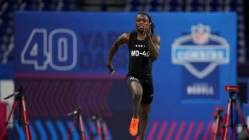 Mar 2, 2024; Indianapolis, IN, USA; Texas wide receiver Xavier Worthy (WO40) ran an official time of 4.21 seconds to set a combine record during the 2024 NFL Combine at Lucas Oil Stadium. Mandatory Credit: Kirby Lee-USA TODAY Sports