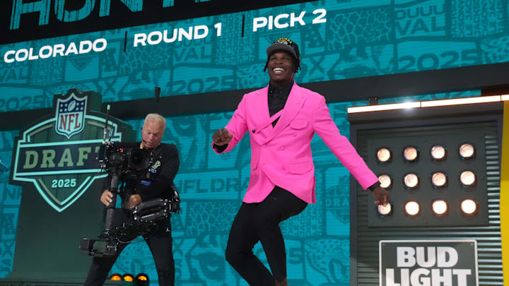 Travis Hunter on the NFL draft stage after being selected by the Jacksonville Jaguars. Travis Hunter on the NFL draft stage after being selected by the Jacksonville Jaguars.