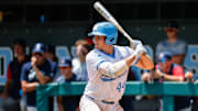 North Carolina catcher Luke Stevenson prepares to hit during an NCAA Super Regional game against Arizona on June 23 at Boshamer Stadium.