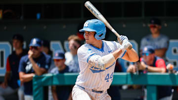 Jun 8, 2025; Chapel Hill, NC, USA;  North Carolina catcher Luke Stevenson (44) prepares to hit the ball during the seventh inning of the Super Regionals game against Arizona in Chapel Hill, North Carolina. Mandatory Credit: Jaylynn Nash-Imagn Images