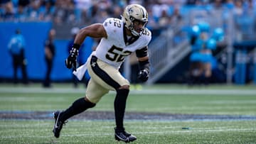 Nov 3, 2024; Charlotte, North Carolina, USA; New Orleans Saints linebacker D'Marco Jackson (52) runs down on a kickoff against the Carolina Panthers during the first quarter at Bank of America Stadium. Mandatory Credit: Scott Kinser-Imagn Images