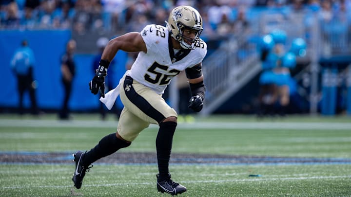 Nov 3, 2024; Charlotte, North Carolina, USA; New Orleans Saints linebacker D'Marco Jackson (52) runs down on a kickoff against the Carolina Panthers during the first quarter at Bank of America Stadium. Mandatory Credit: Scott Kinser-Imagn Images