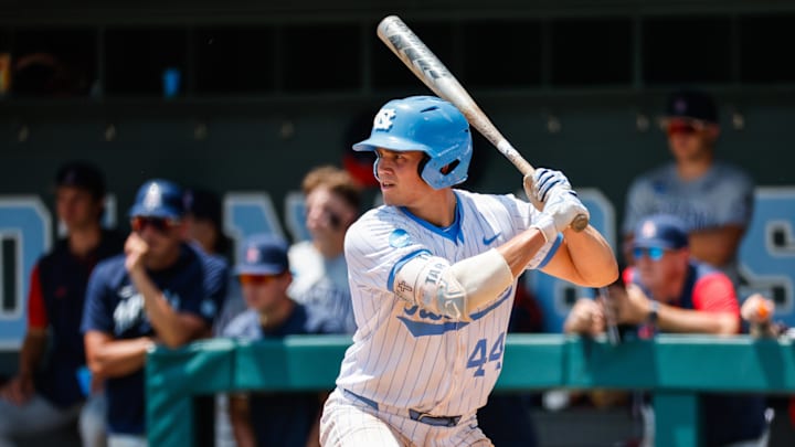 Jun 8, 2025; Chapel Hill, NC, USA;  North Carolina catcher Luke Stevenson (44) prepares to hit the ball during the seventh inning of the Super Regionals game against Arizona in Chapel Hill, North Carolina. Mandatory Credit: Jaylynn Nash-Imagn Images