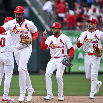 Apr 4, 2024; St. Louis, Missouri, USA;  St. Louis Cardinals right fielder Jordan Walker (18) celebrates with second baseman Nolan Gorman (16) after the Cardinals defeated the Miami Marlins at Busch Stadium. Mandatory Credit: Jeff Curry-USA TODAY Sports