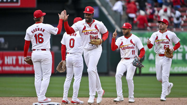 Apr 4, 2024; St. Louis, Missouri, USA;  St. Louis Cardinals right fielder Jordan Walker (18) celebrates with second baseman Nolan Gorman (16) after the Cardinals defeated the Miami Marlins at Busch Stadium. Mandatory Credit: Jeff Curry-USA TODAY Sports