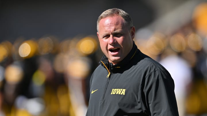 Aug 31, 2024; Iowa City, Iowa, USA; Iowa Hawkeyes interim head coach Seth Wallace looks on before the game against the Illinois State Redbirds at Kinnick Stadium. Mandatory Credit: Jeffrey Becker-USA TODAY Sports