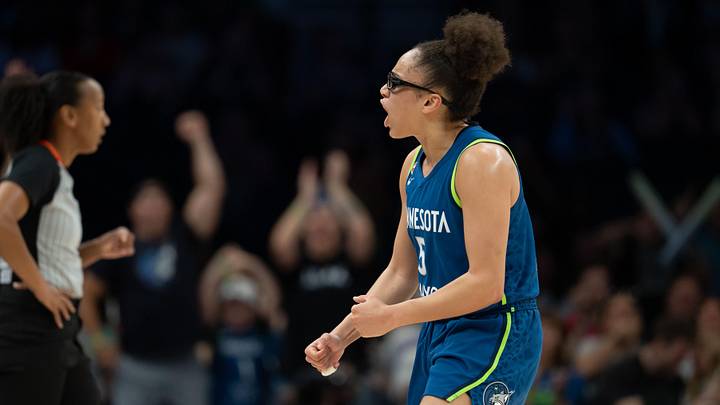 Jun 6, 2026; Minneapolis, Minnesota, USA; Minnesota Lynx guard Olivia Miles (5) reacts to making a shot against the Seattle Storm in the second half at Target Center. Mandatory Credit: Jesse Johnson-Imagn Images