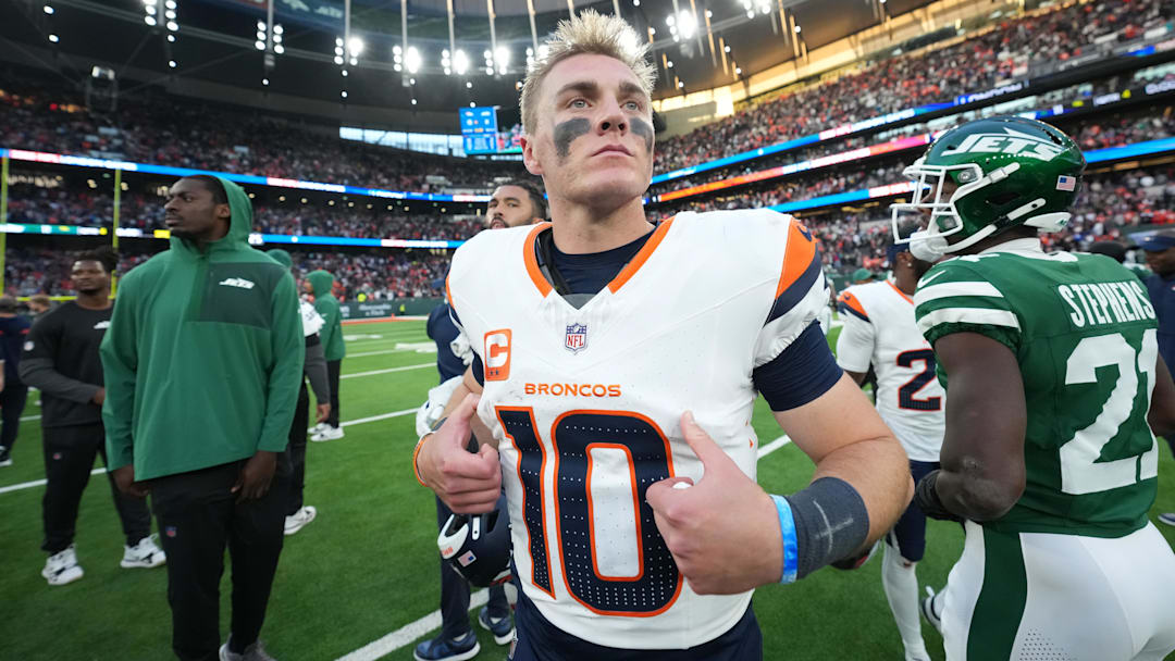 Oct 12, 2025; Tottenham, United Kingdom; Denver Broncos quarterback Bo Nix (10) after playing against the New York Jets during an NFL International Series game at Tottenham Hotspur Stadium. 