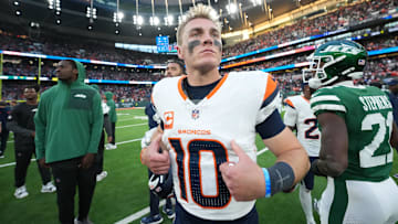 Oct 12, 2025; Tottenham, United Kingdom; Denver Broncos quarterback Bo Nix (10) after playing against the New York Jets during an NFL International Series game at Tottenham Hotspur Stadium. 