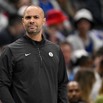 Mar 31, 2025; Dallas, Texas, USA; Brooklyn Nets head coach Jordi Fernandez looks on during the first quarter against the Dallas Mavericks at the American Airlines Center. Mandatory Credit: Jerome Miron-Imagn Images
