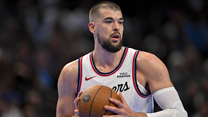 Nov 14, 2025; Dallas, Texas, USA; LA Clippers center Ivica Zubac (40) looks to pass the ball during the second quarter against the Dallas Mavericks in an NBA Cup game at the American Airlines Center. Mandatory Credit: Jerome Miron-Imagn Images