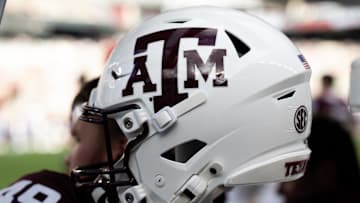 Texas A&M Aggies helmet on the sideline prior to the game against the Notre Dame Fighting Irish at Kyle Field.