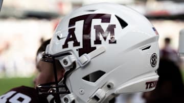 Texas A&M Aggies helmet on the sideline prior to the game against the Notre Dame Fighting Irish at Kyle Field.