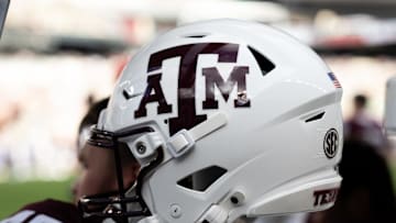 Aug 31, 2024; College Station, Texas, USA; A detailed view of a Texas A&M Aggies helmet on the sideline prior to the game against the Notre Dame Fighting Irish at Kyle Field. Mandatory Credit: Maria Lysaker-Imagn Images