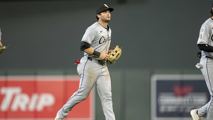 Sep 2, 2025; Minneapolis, Minnesota, USA; Chicago White Sox left fielder Andrew Benintendi (23) runs off the field after the Chicago White Sox defeat the Minnesota Twins at Target Field. Mandatory Credit: Jesse Johnson-Imagn Images