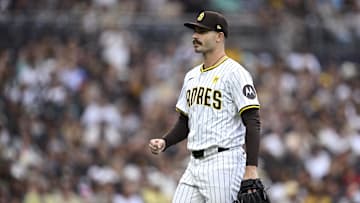 Sep 18, 2024; San Diego, California, USA; San Diego Padres starting pitcher Dylan Cease (84) celebrates during the eighth inning against the Houston Astros at Petco Park. Mandatory Credit: Orlando Ramirez-Imagn Images