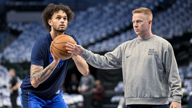 May 13, 2024; Dallas, Texas, USA; Dallas Mavericks center Dereck Lively II (2) practices shooting foul shots with Mavericks assistant coach Sean Sweeney before the game between the Dallas Mavericks and the Oklahoma City Thunder in game four of the second round for the 2024 NBA playoffs at American Airlines Center. Mandatory Credit: Jerome Miron-USA TODAY Sports