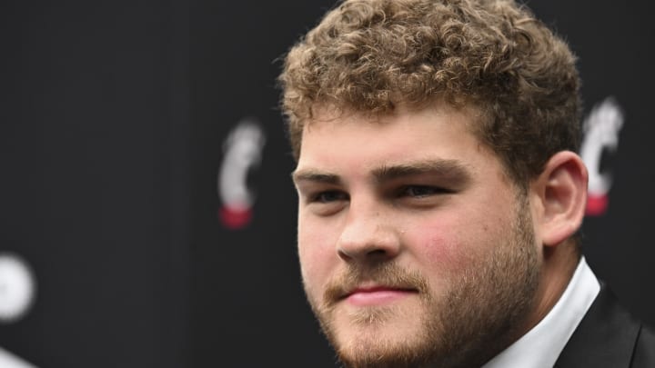 Jul 9, 2024; Las Vegas, NV, USA; Cincinnati offensive linemen Luke Kandra speaks to the media during the Big 12 Media Days at Allegiant Stadium. Mandatory Credit: Candice Ward-USA TODAY Sports