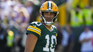 Sep 29, 2024; Green Bay, Wisconsin, USA;  Green Bay Packers quarterback Jordan Love (10) looks on during warmups prior to the game against the Minnesota Vikings at Lambeau Field. Mandatory Credit: Jeff Hanisch-Imagn Images