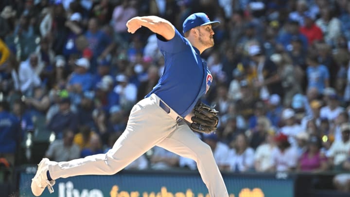 May 30, 2024; Milwaukee, Wisconsin, USA; Chicago Cubs starting pitcher Jameson Taillon (50) delivers a pitch against the Milwaukee Brewers in the sixth inning at American Family Field.