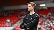 Feb 8, 2025; Pullman, Washington, USA; Washington State Cougars head coach David Riley looks on during a game against the Pepperdine Waves in the second half at Friel Court at Beasley Coliseum. Mandatory Credit: James Snook-Imagn Images