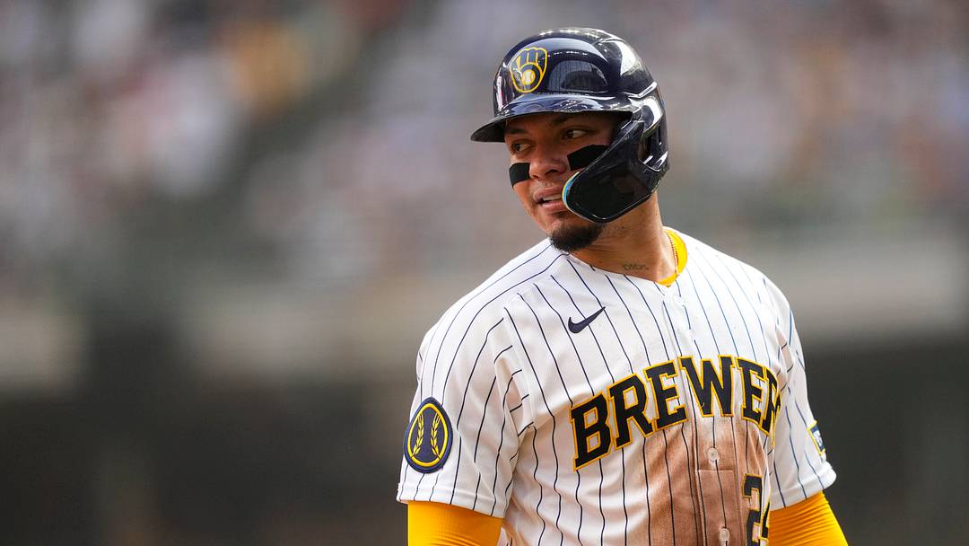 Jul 18, 2026; Milwaukee, Wisconsin, USA;  Milwaukee Brewers catcher William Contreras (24) stands at third base during the third inning against the Miami Marlins at American Family Field. Mandatory Credit: Jeff Hanisch-Imagn Images